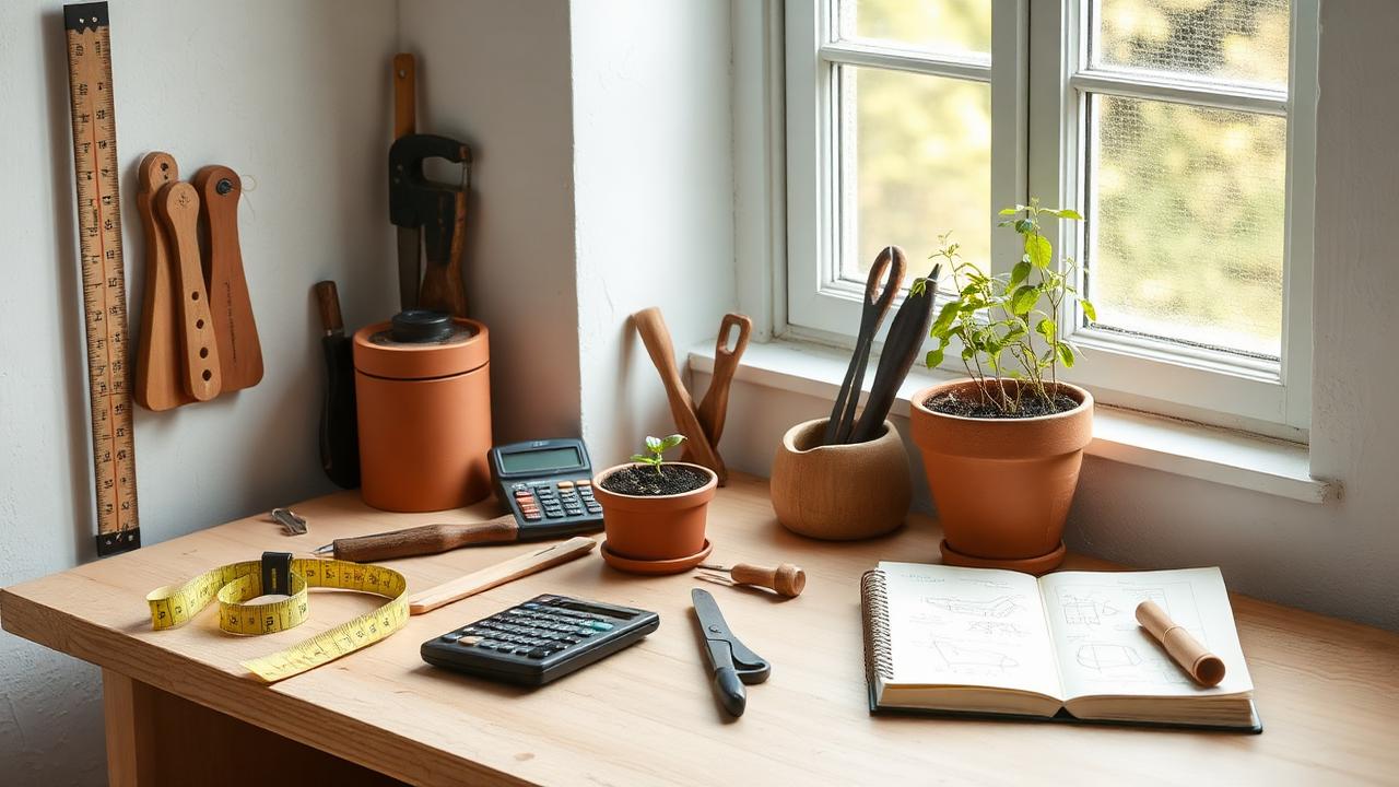 Workshop desk with a tape measure, calculator, hand tools and seedlings beside a window