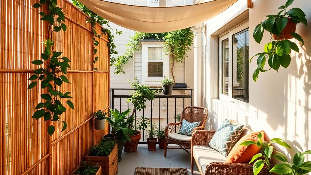 Editorial photograph illustrating balcony privacy and shade ideas