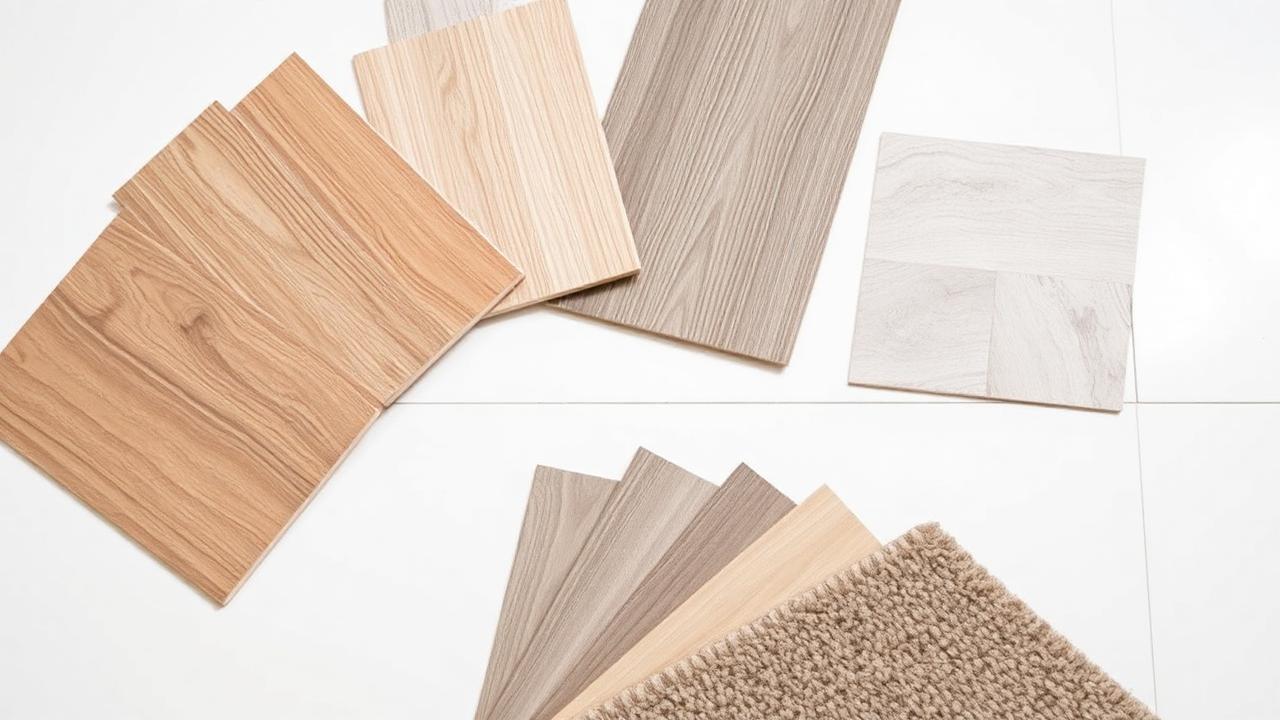 Flooring samples of wood, vinyl and tile side by side