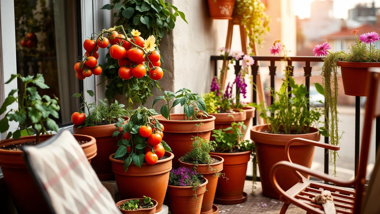 Balcony filled with potted herbs and vegetables