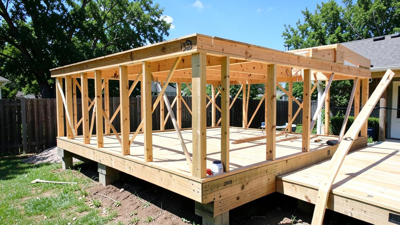 Editorial photograph illustrating deck framing and joist spacing