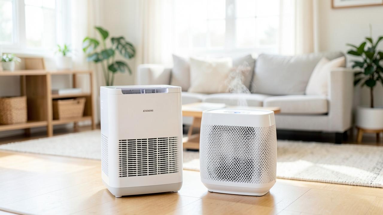 Editorial photograph illustrating dehumidifier and air purifier sizing guide