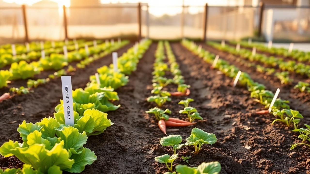 First-year vegetable garden with young seedlings in rows