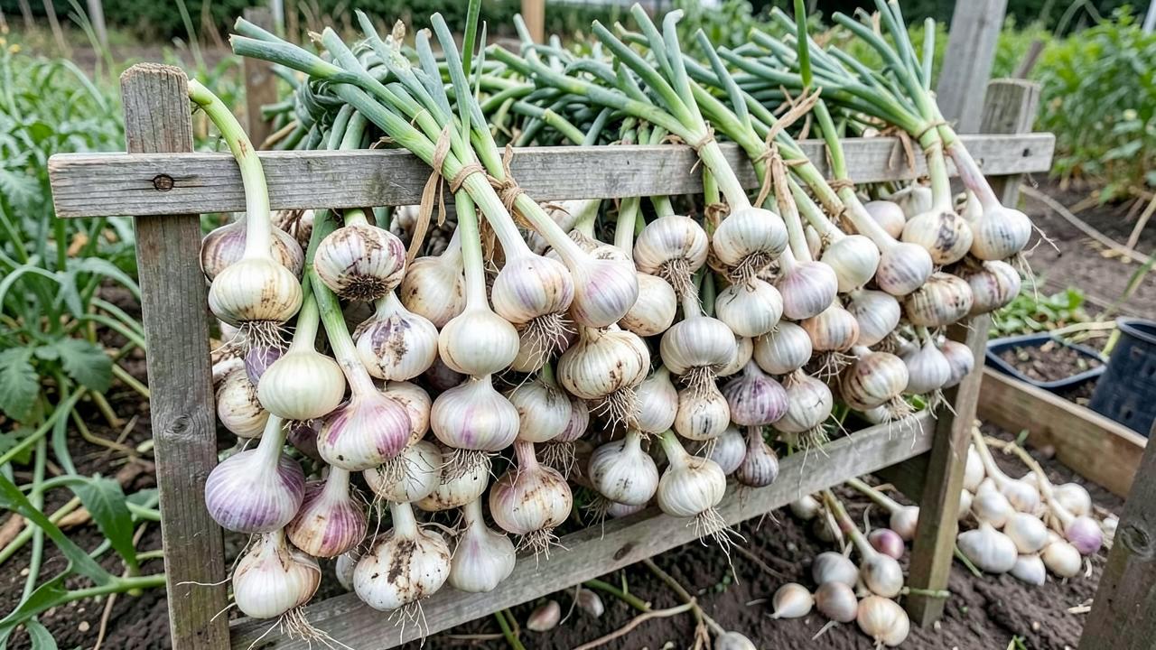 Editorial photograph illustrating garlic from clove to cured bulb