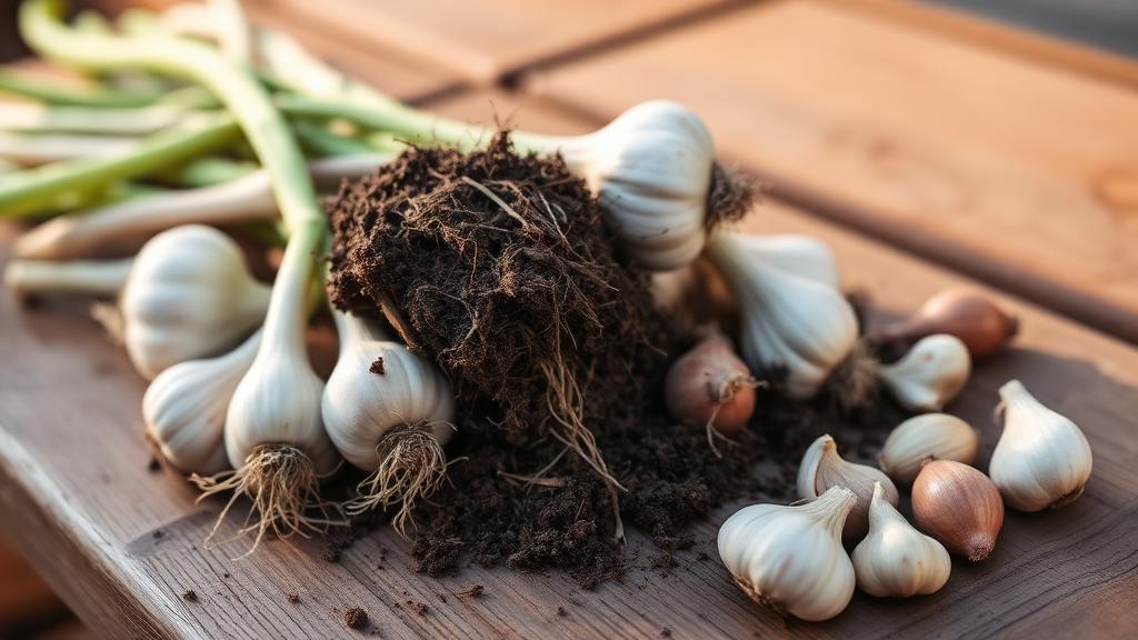 Editorial photograph illustrating growing garlic from clove to harvest