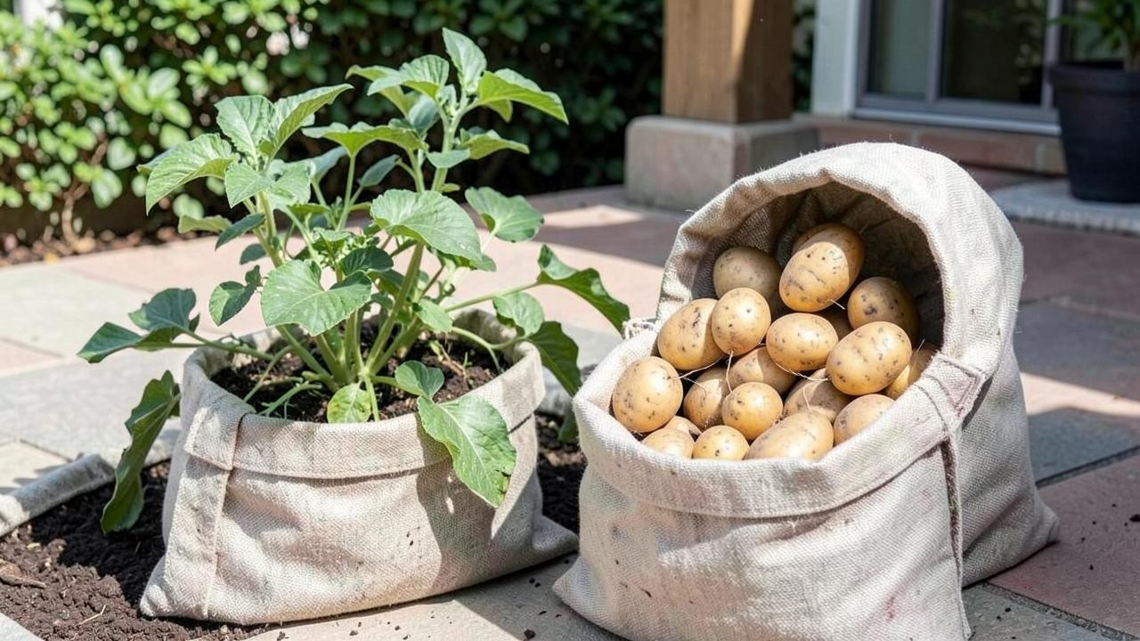 Editorial photograph illustrating growing potatoes in containers
