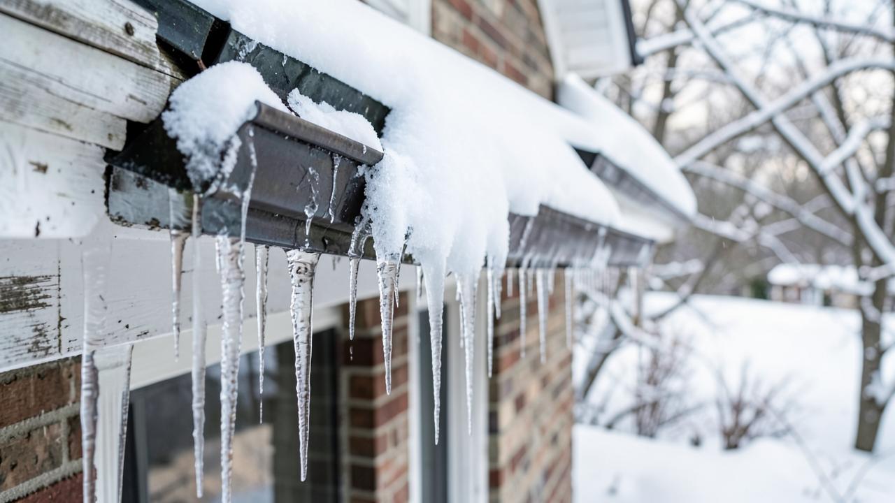 Editorial photograph illustrating gutter sizing and ice dams