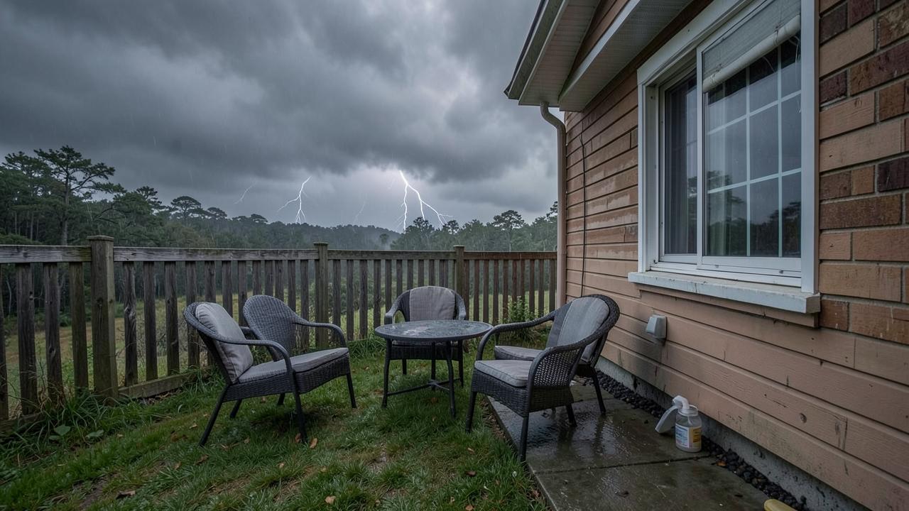 Editorial photograph illustrating hurricane and storm prep for house and yard