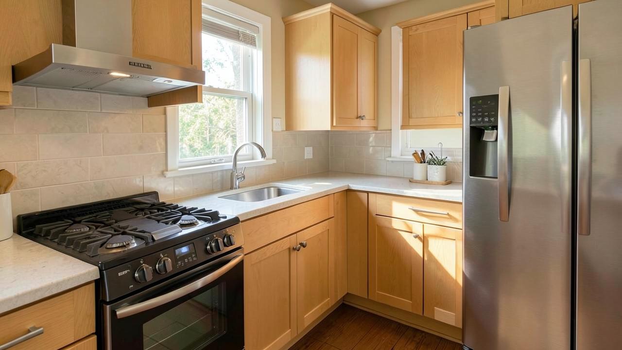 Editorial photograph illustrating kitchen appliance planning and work triangle