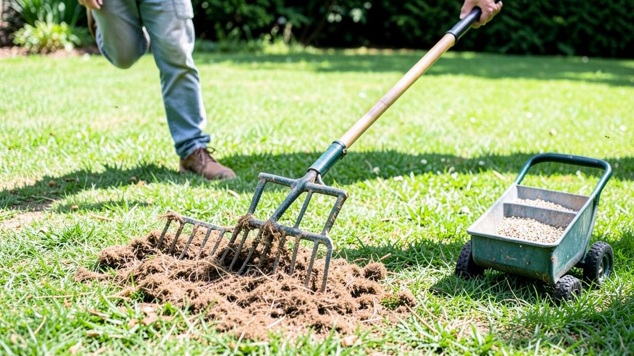 Editorial photograph illustrating overseeding and dethatching a lawn