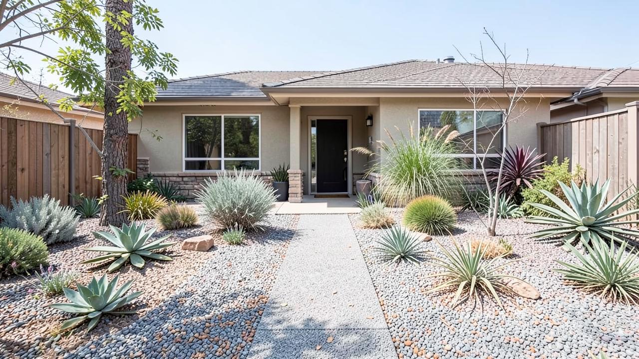 Editorial photograph illustrating replacing lawn with low water planting