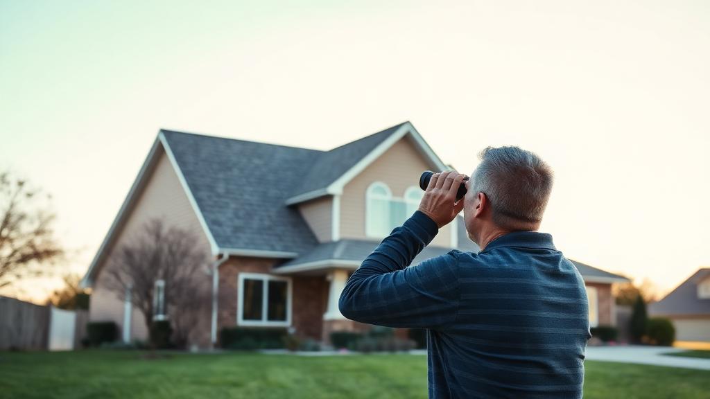 Editorial photograph illustrating roof inspection from the ground