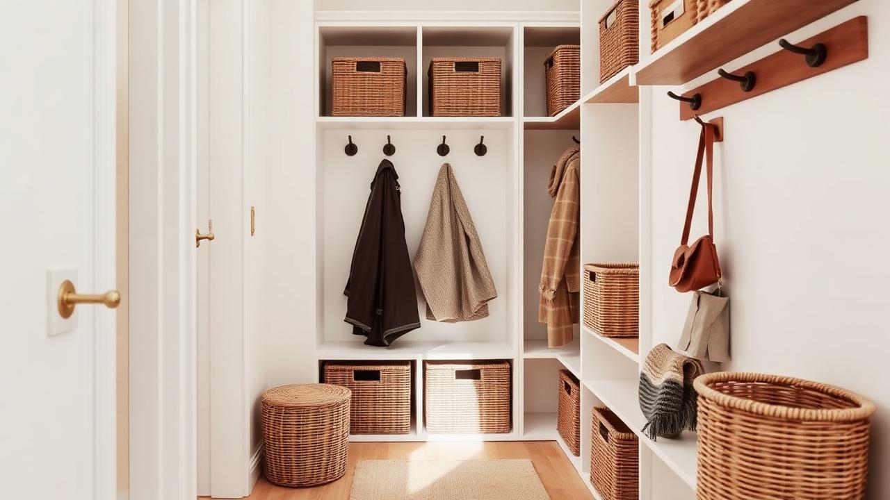Clever shelving and baskets in a small tidy apartment