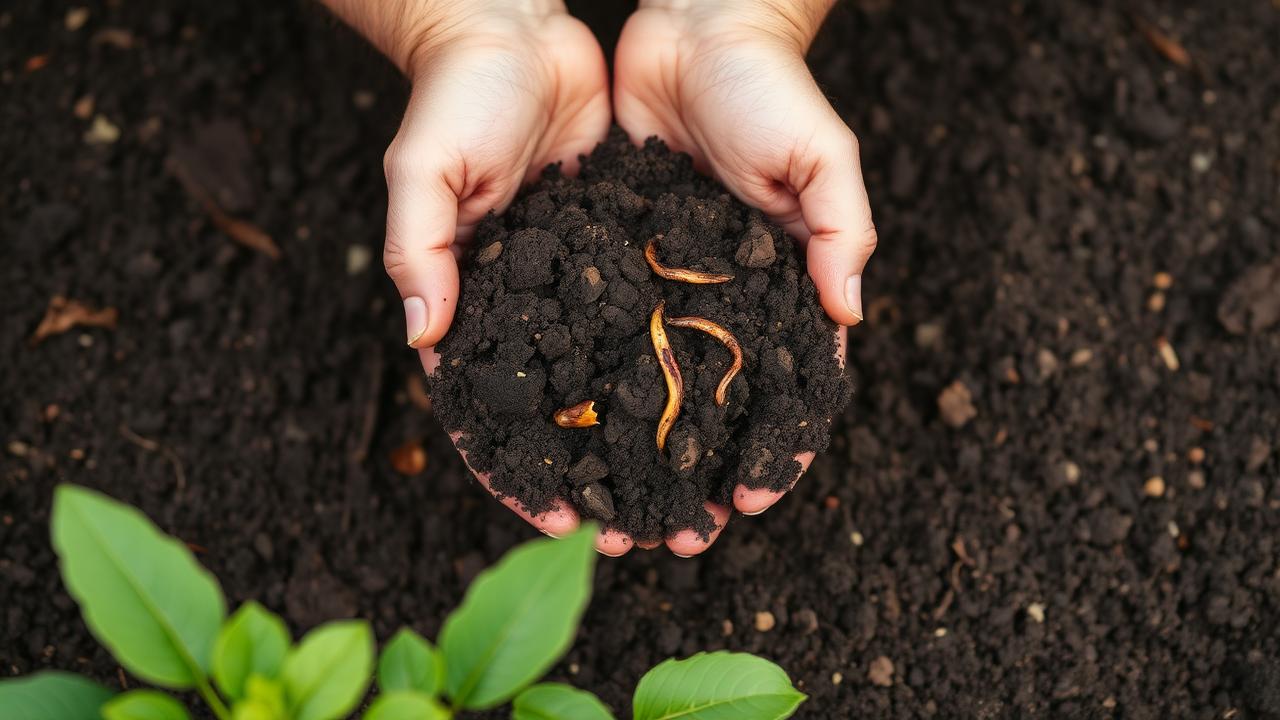 Hands crumbling rich dark garden soil