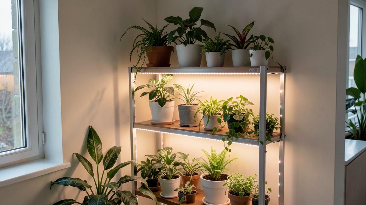 Editorial photograph illustrating vertical gardening shelf light setups