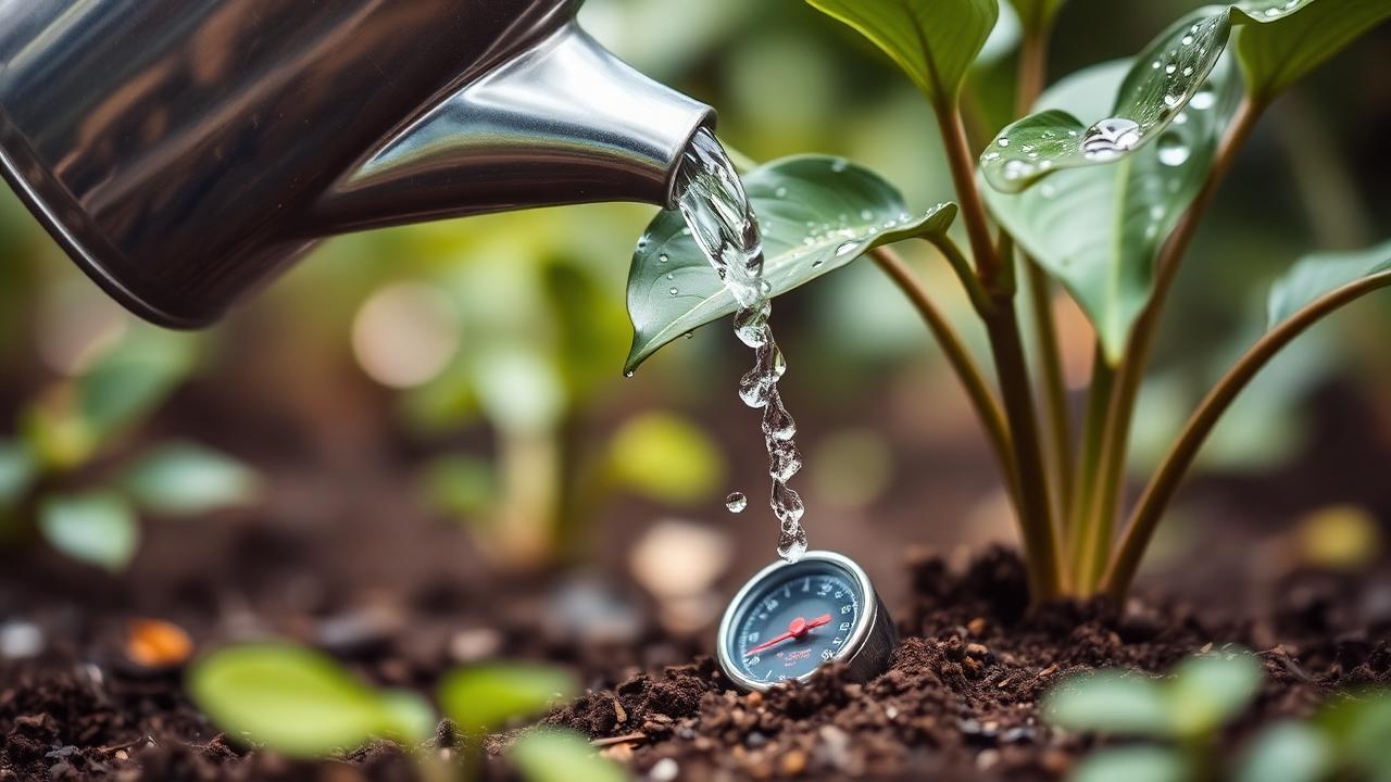 Watering can pouring at the base of garden plants