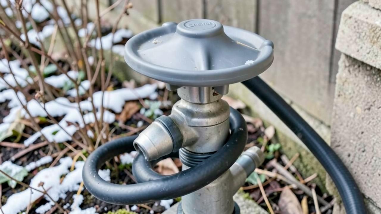 Editorial photograph illustrating winterizing irrigation and outdoor faucets