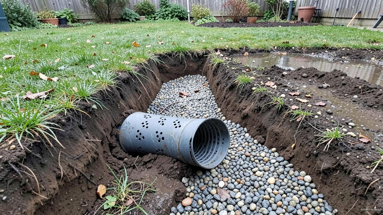 Editorial photograph illustrating yard drainage and french drains