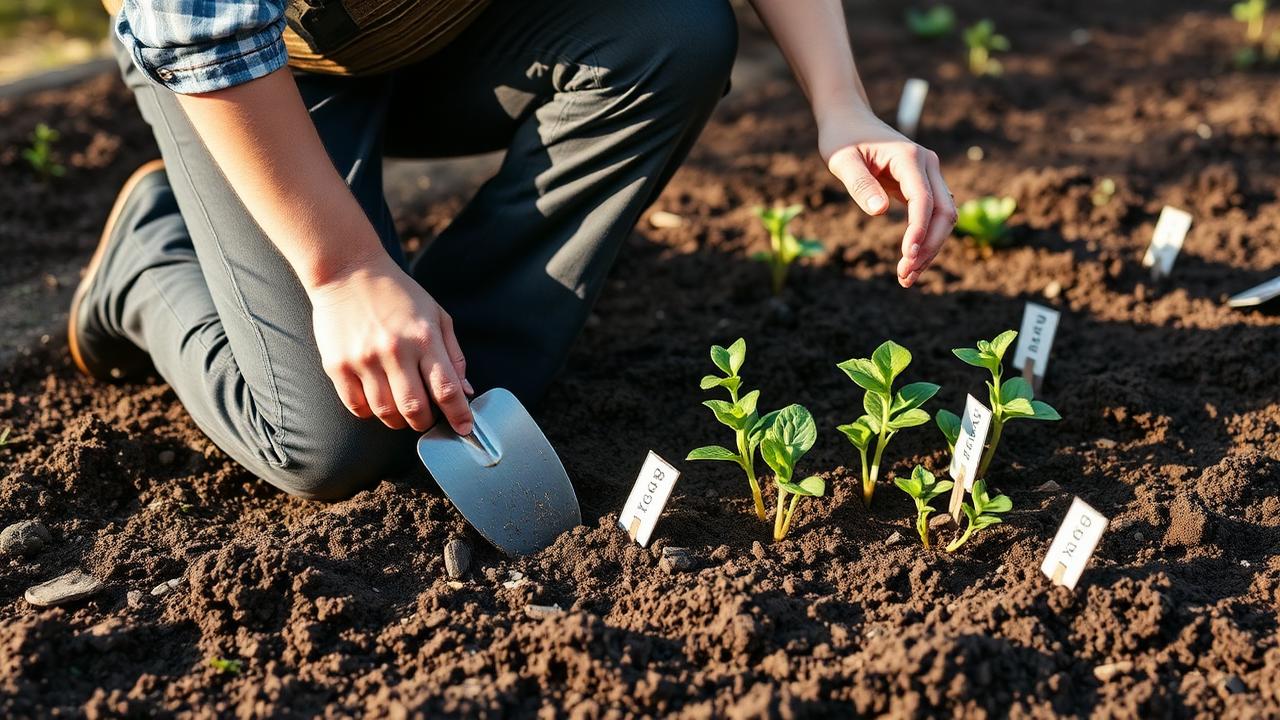 Gardener planting labelled seedlings in a prepared bed