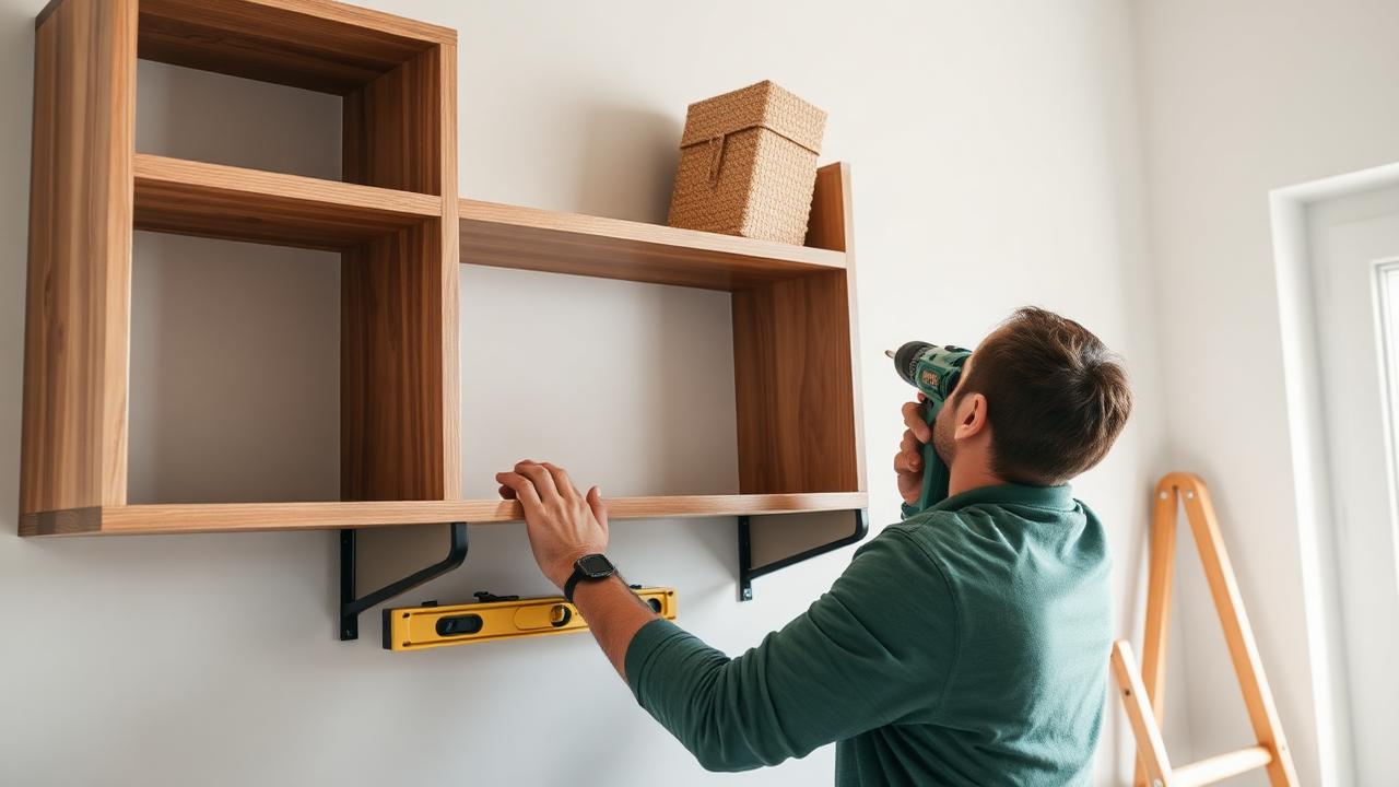 Fitting new shelving to a wall with a level and drill