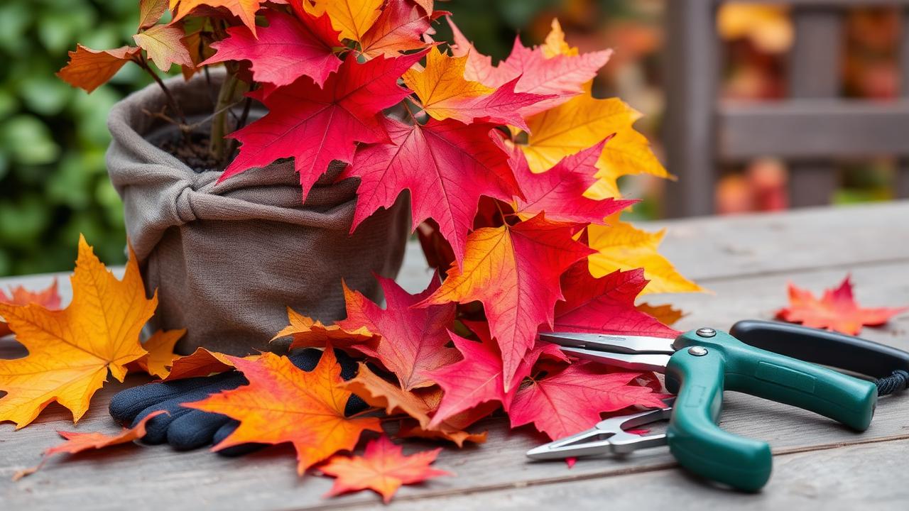 Autumn leaves, gloves and secateurs on a garden table