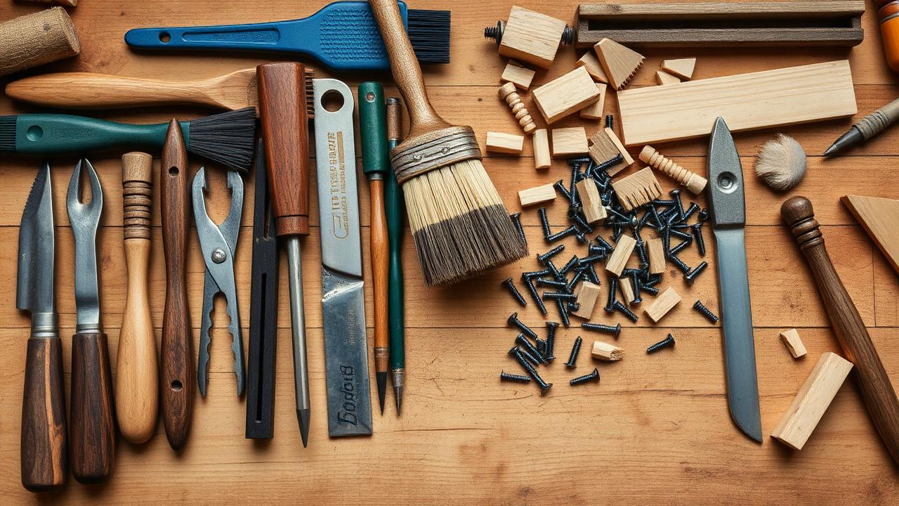 Hand tools, brushes and screws arranged on a workbench