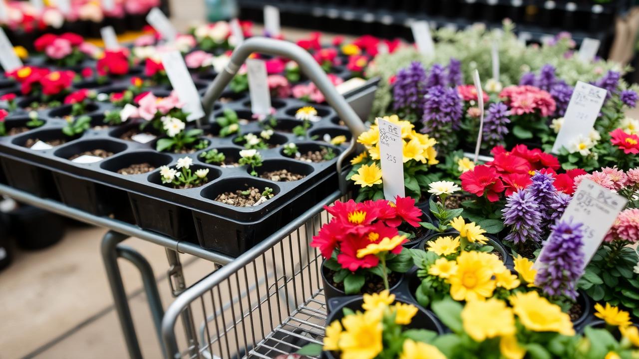 Trays of annual bedding plants beside potted perennials