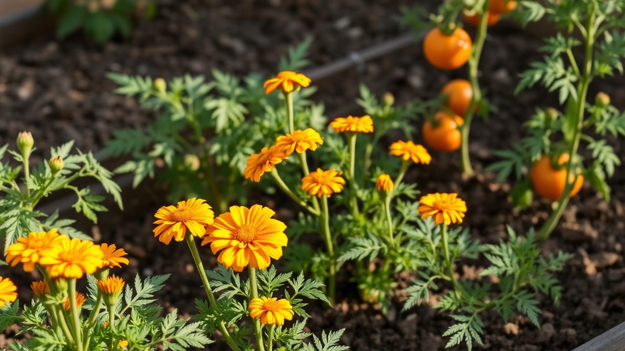 Marigolds planted among tomato plants in a bed
