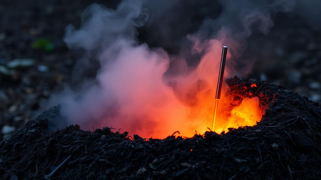 Steam rising from a hot compost heap on a cold morning