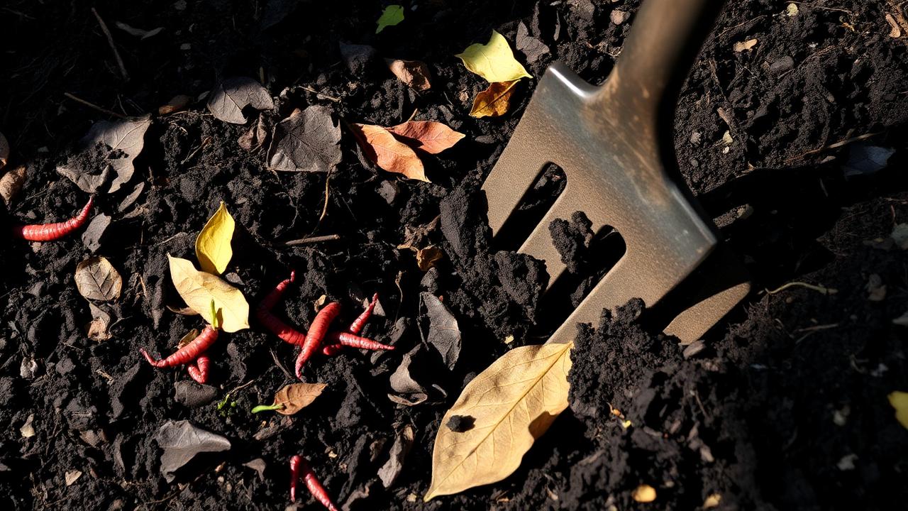 Garden fork turning a heap of dark compost