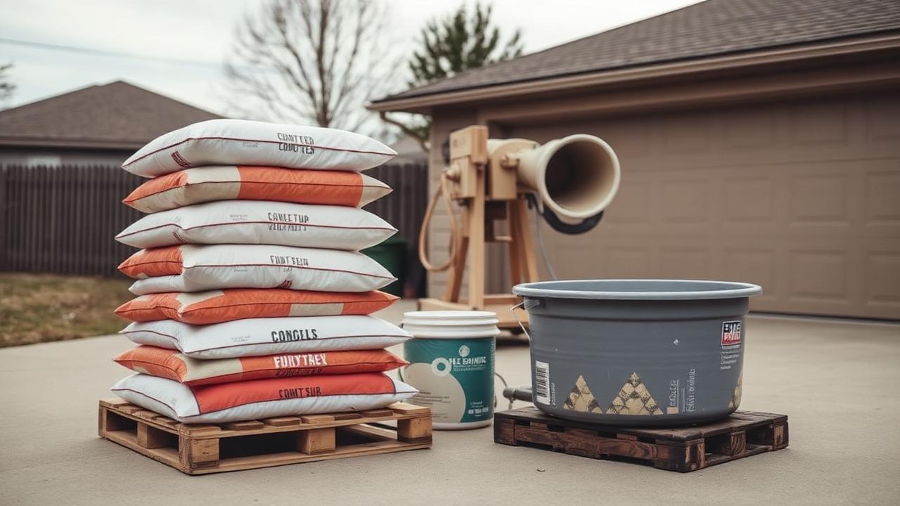 Stacked bags of concrete mix beside a wheelbarrow
