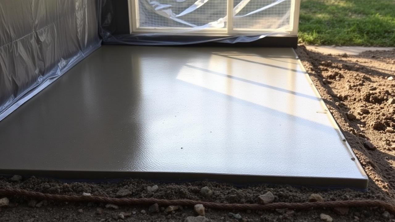 Fresh concrete slab curing under plastic sheeting