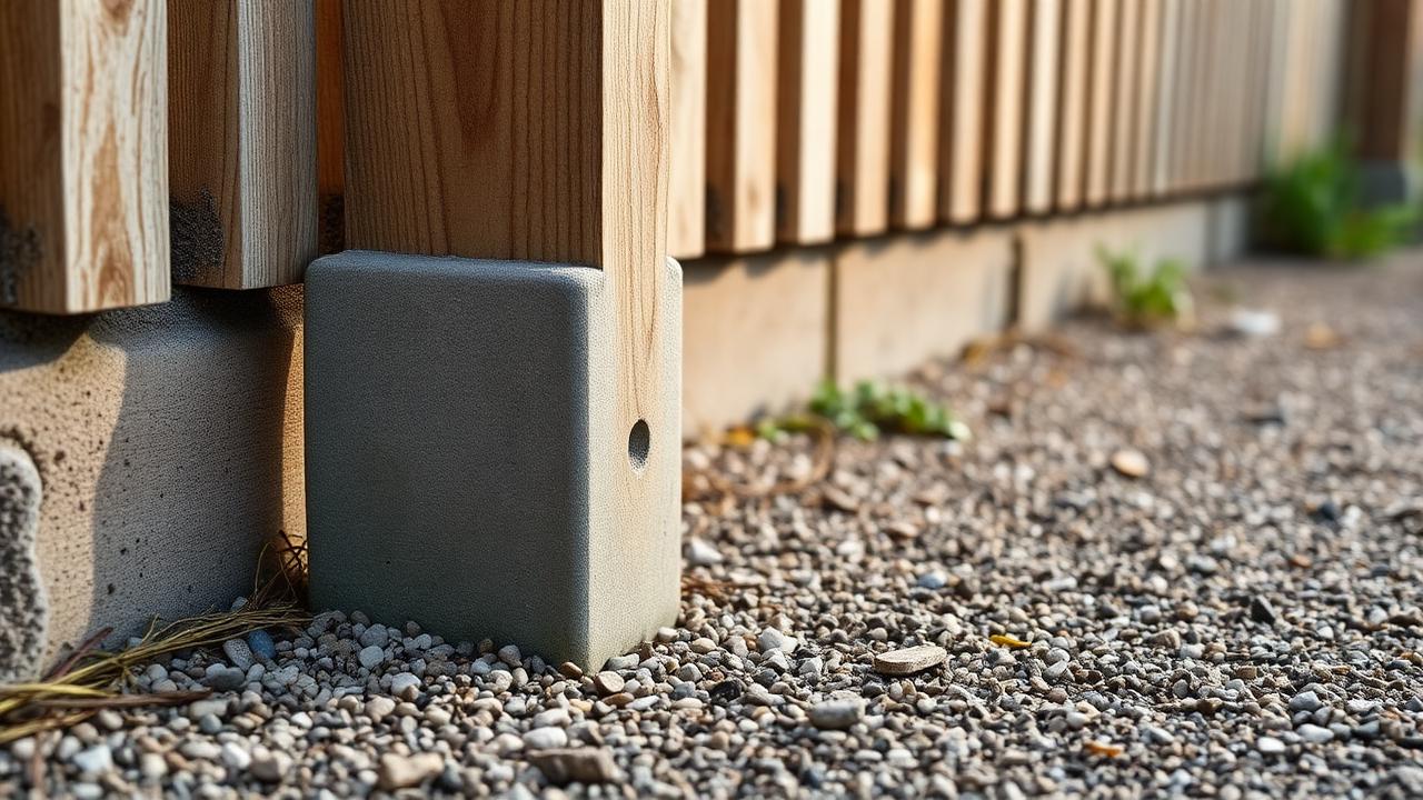 Timber fence post set in concrete above a gravel base