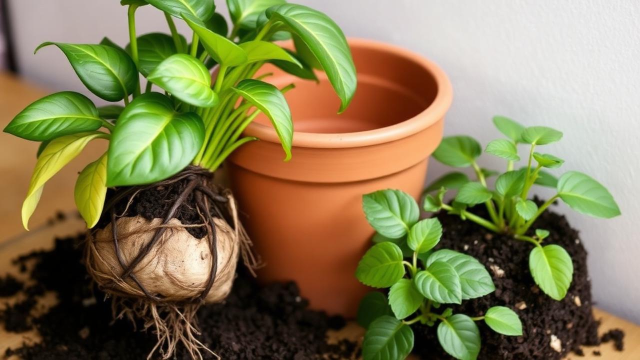 Houseplant root ball beside a slightly larger pot