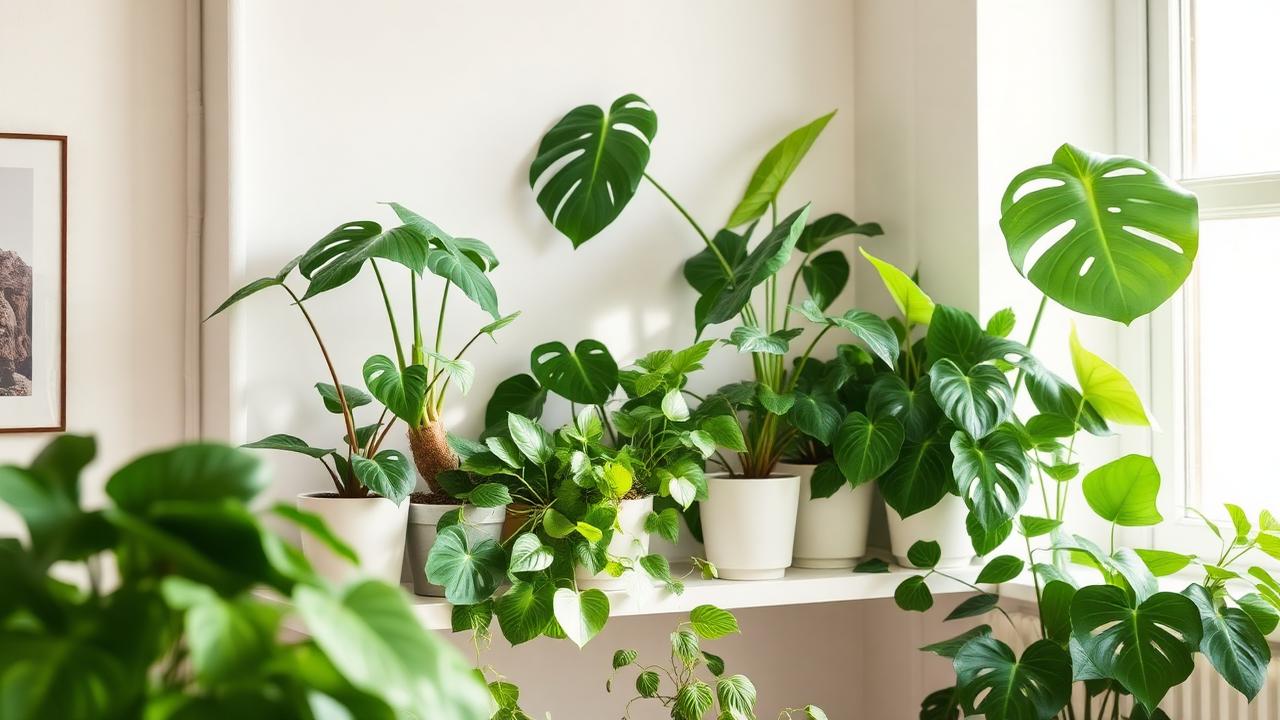 Houseplants grouped by a bright living-room window