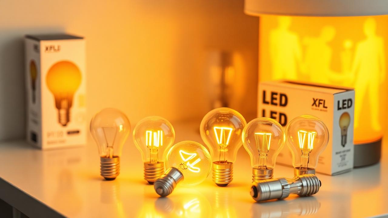 LED bulbs and packaging showing lumen ratings