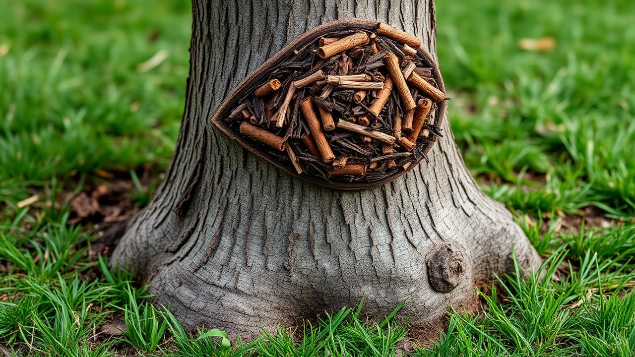 Mulch piled against a tree trunk in a volcano shape