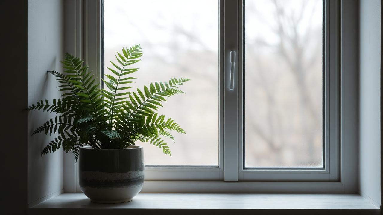 Soft daylight through a north-facing window with plants