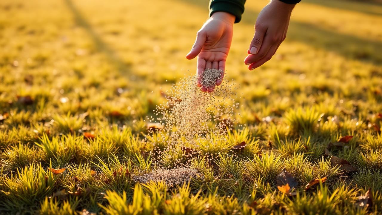 Grass seed being broadcast over a thin autumn lawn