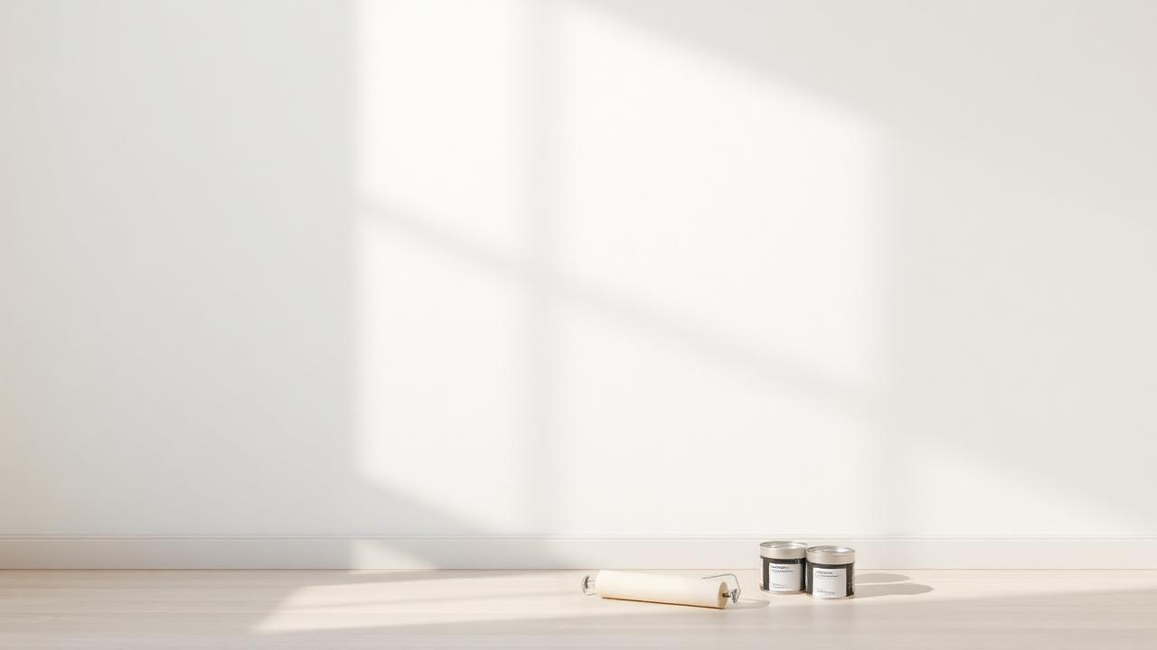 Raking light across a painted wall with paint tins nearby