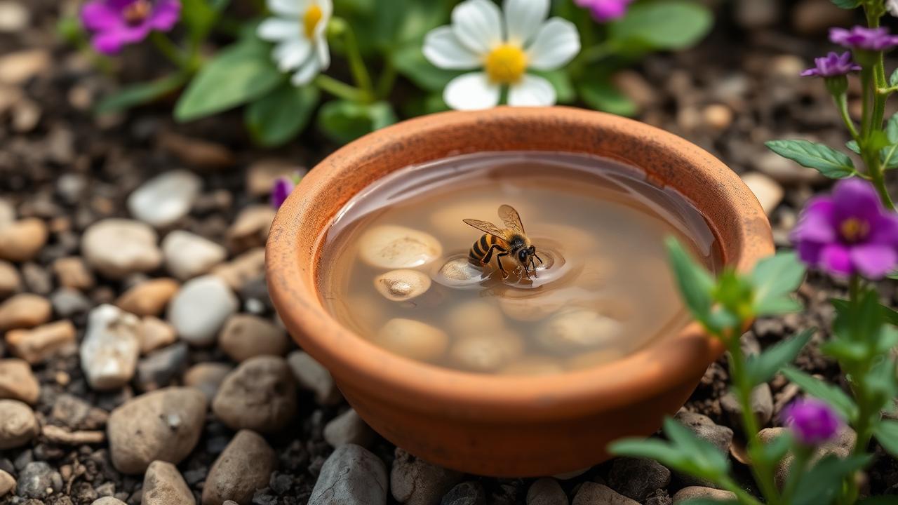 Bee drinking from a pebble-filled saucer of water