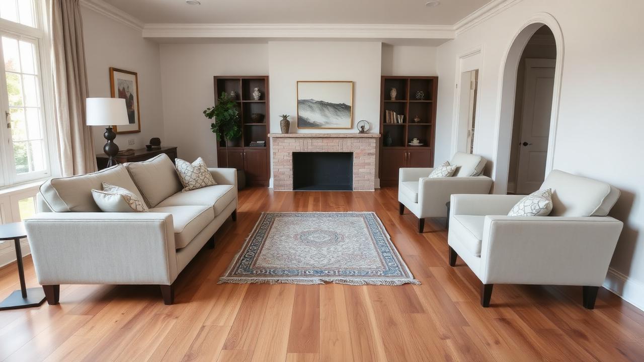 Living room rug sized under the front legs of the sofa