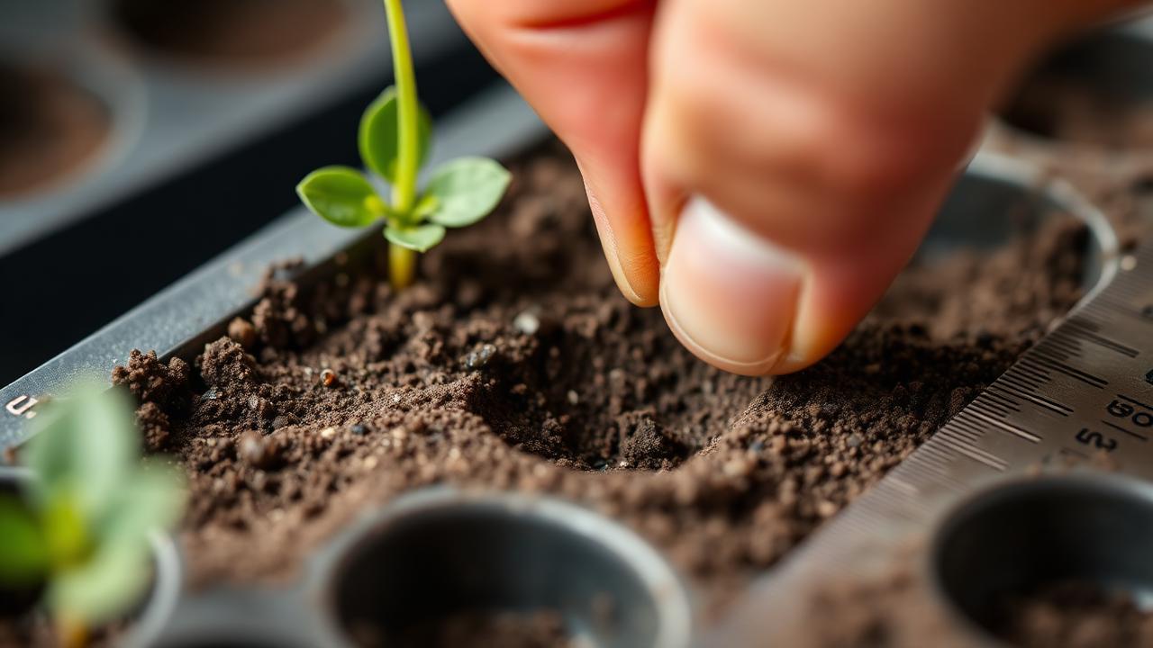 Seed pressed into a shallow furrow in a seed tray