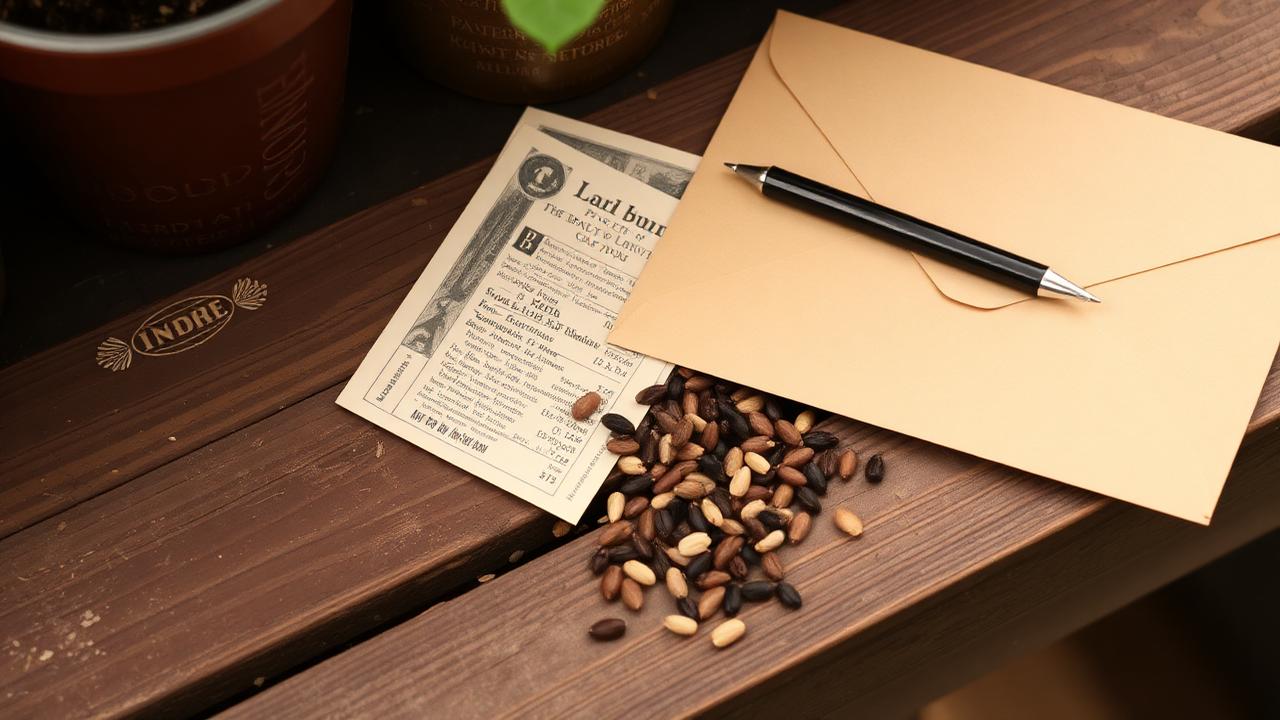 Seed packets and loose seeds on a potting bench