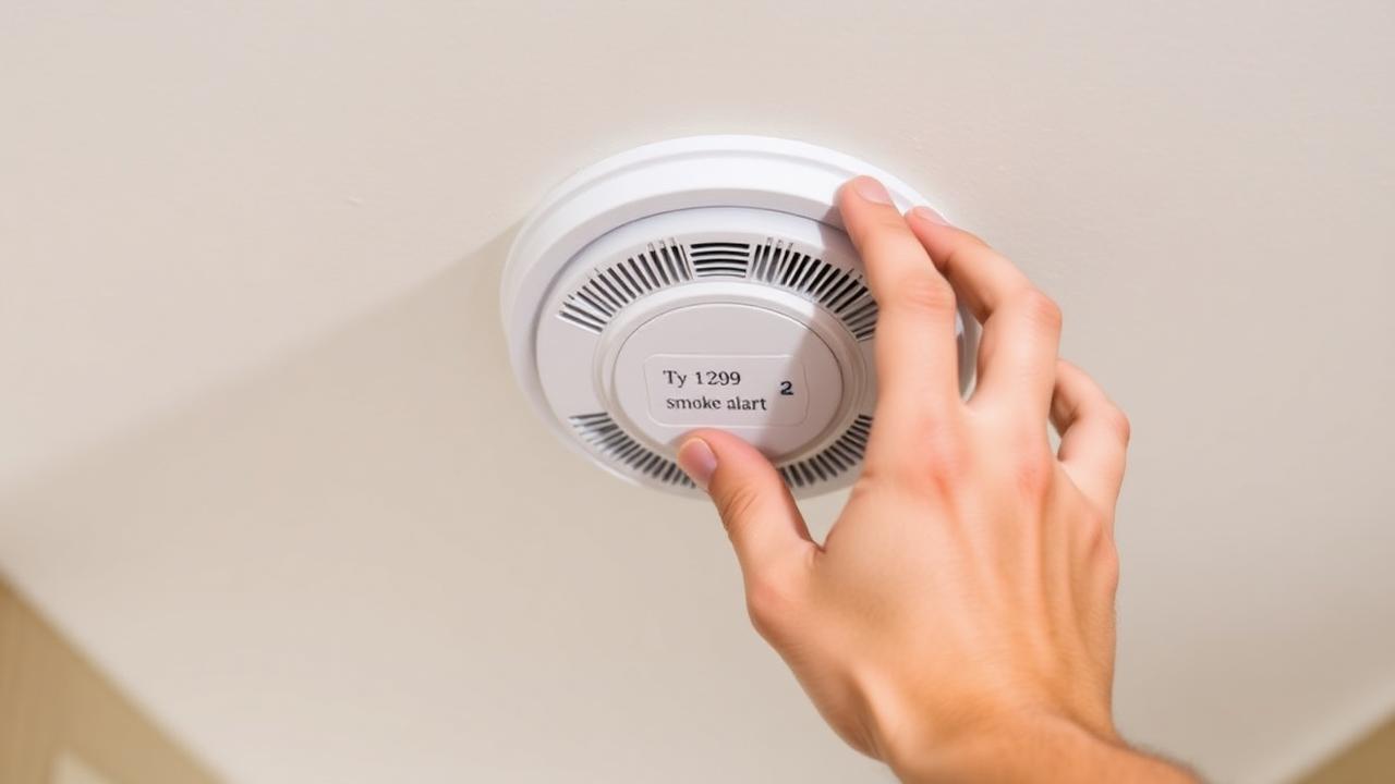Checking the date label on a ceiling smoke alarm