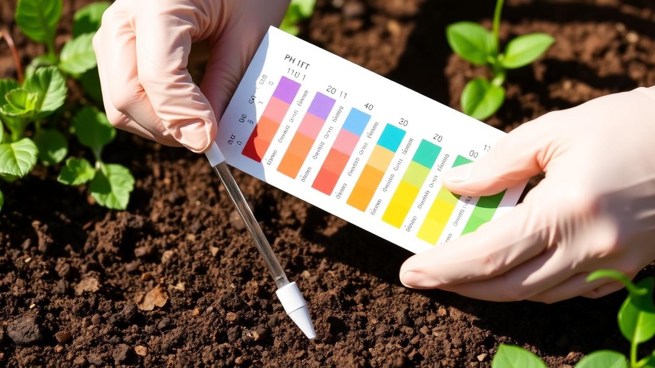 Soil pH test kit and colour chart in a garden bed
