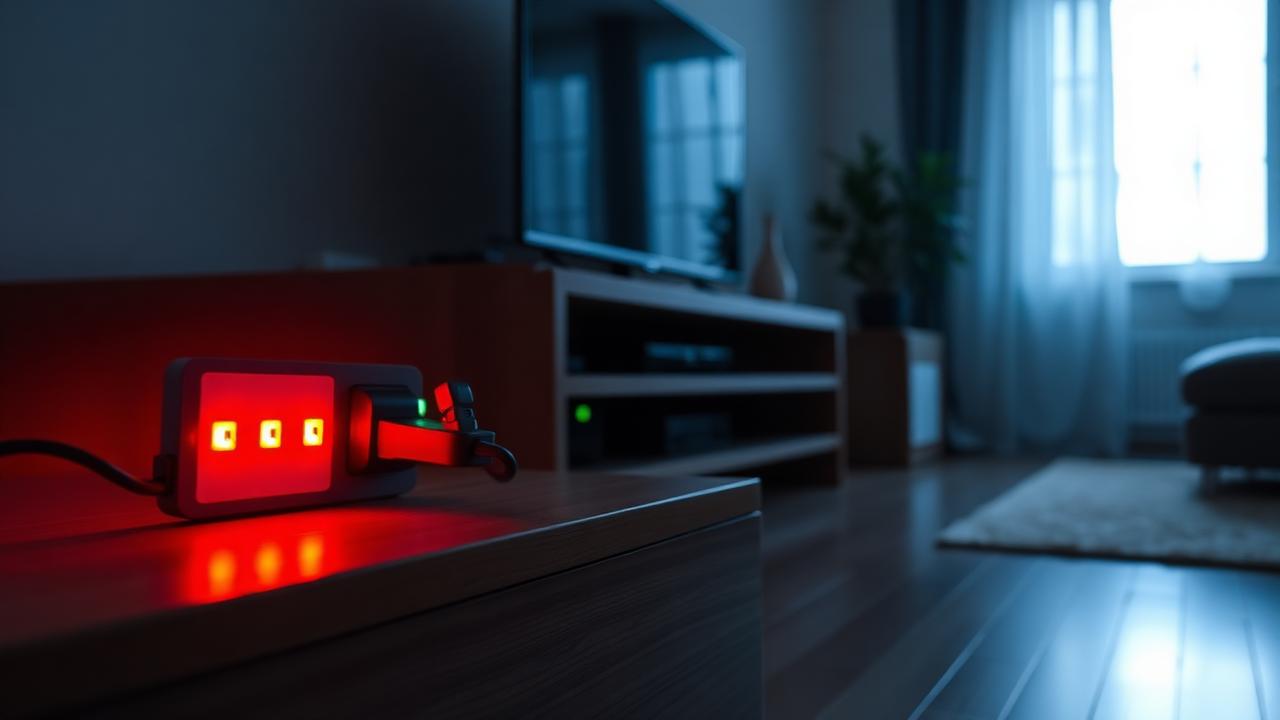 Standby lights glowing on a power strip at night