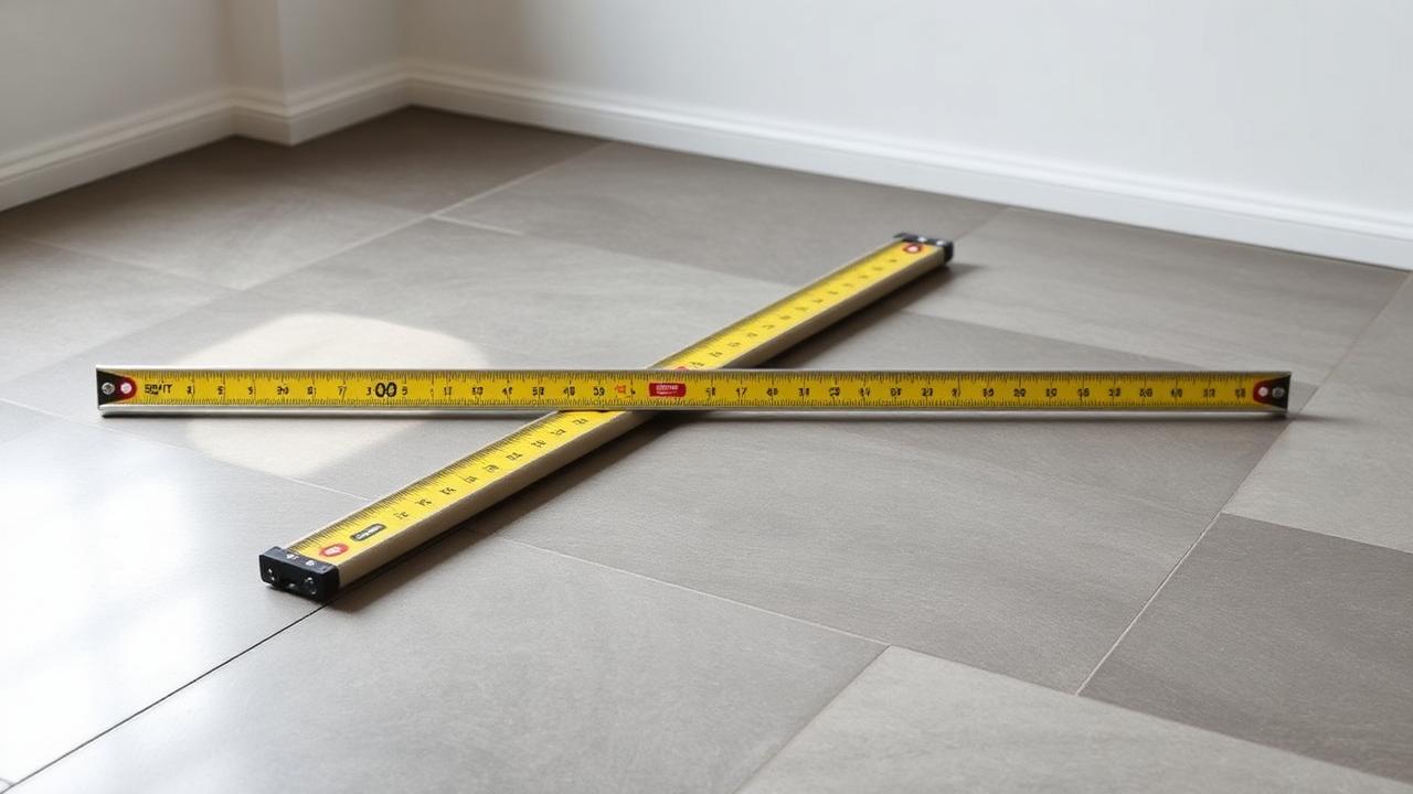 Spirit level checking flatness across floor tiles