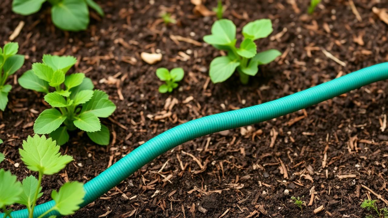 Soaker hose watering deeply through a mulched bed