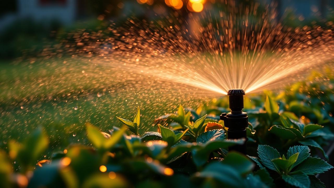 Garden being watered as the sun goes down